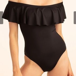 TRINA TURK MONACO SOLIDS OFF THE SHOULDER RUFFLE ONE PIECE BODYSUIT/BATHING SUIT